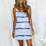 Women Drawstring Sleeveless V Neck Stripe Printed Casual Dress Waist Lightweight
