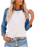 Women Color Matching Crew Neck 3/4 Sleeve T-Shirt Pullover Blouse Tops Tunic Tee