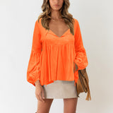 Women's Solid Color Puff Sleeve Tops Loose Casual T-Shirt Blouse Pullover Tunic