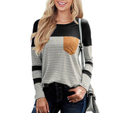 Women Long Sleeve Crew Neck Striped Print T-Shirt with Pocket