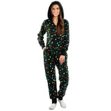 Women Christmas Xmas Print Hooded Jumpsuit Pyjamas Romper Hoodie Homewear Zipper