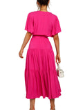 Women's Solid Color Dress Long Short Sleeve Lace Up V Neck Comfortable Dresses