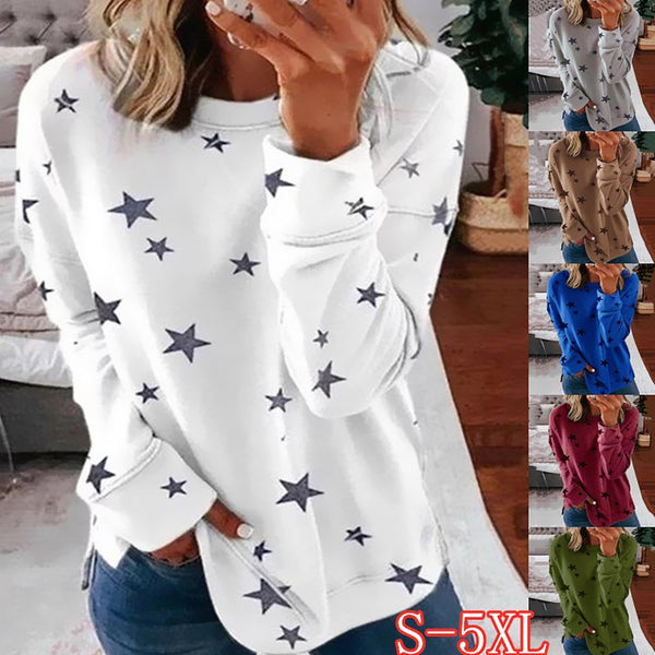 Women Stars Printed Long Sleeve Casual Pullover Sweatshirt Tops Blouse Side Slit