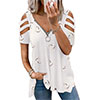 Women's Zipper V Neck Casual T-shirts Summer Hollow Short Sleeve Loose Fit Tops