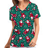 Women Christmas Floral Print Uniform Scrub Pockets Tops Work V Neck Wear Shirt