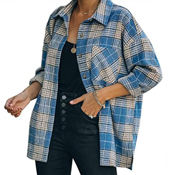 Women's Long Sleeve Plaid Tops Shirt Long Sleeve Button Loose Lapel Shirt Pocket