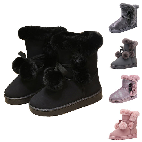 Winter Snow Boots for Women Faux Fur Warm Lace Up Comfy Casual Mid Calf Shoes Black
