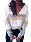 Women Long Sleeve Patchwork Knitted Cardigan Sweater Outwear Coat Jacket Buttons