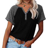 Women Color Matching V-Neck Short Sleeve Top T-Shirt Loose Blouse Pullover Tunic