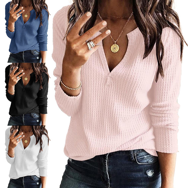 Women Casual Solid Printed Sweater V Neck Long Sleeve Pullover Blouse Tops Tunic