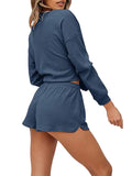 Women Two Piece Tracksuit Set Knitted Long Sleeve Tops Shorts Fitness Loungewear