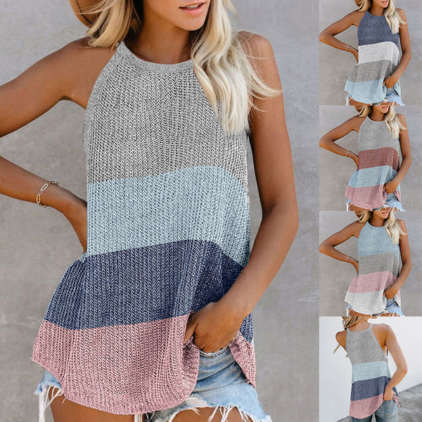 Women's Color Matching Halter Vest Tank Tops Casual Sleeveless T-Shirt Pullover