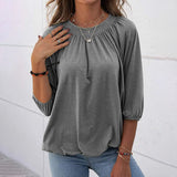 Women Solid Color Crew Neck Ruched 3/4 Sleeve Tops T-Shirt Blouse Pullover Tee