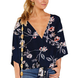 Women's Blouse Half Sleeve Printed Tie Cotton Top Beach Wear Deep V Neck Loose Shirt