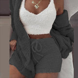 Womens Homewear Long Sleeve Casual Three-piece Jacket Vest Shorts Sports Suit