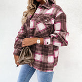 Women's Check Fleece Casual Jacket Shacket Top Shirt Coat Tunic Loose Baggy Coat