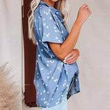 Button Up Blouses for Women Casual Loose V Neck Shirt Plus Size Star Print Summer Short Sleeve Tops with Pocket