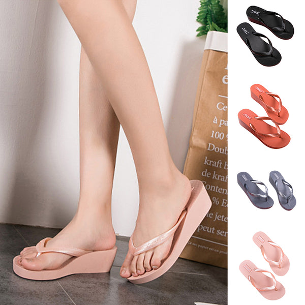 Women's Beach Wedge Flip Flops Slippers Solid Color Open Toe Breathable Shoes