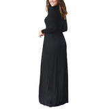 Women Tunic Waist Full Length Dress Solid Color Scoop Neck Slim Fit Long Sleeve