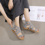 Women Summer Flat Sandals Gladiator Elastic Straps Open Toe Back Zip Beach Shoes