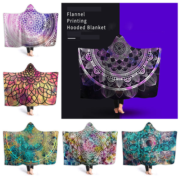 Bohemia Printed Hooded Blanket Flannel Wearable Throw Poncho Blanket Cape Wrap