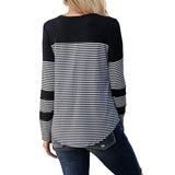 Women Long Sleeve Crew Neck Striped Print T-Shirt with Pocket