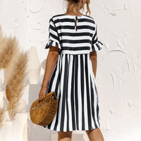 Women Fashion Skirt Striped Printed Short Sleeve Round Neck Casual Dress Ruffles