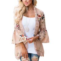 Lady Lace Hollow Flowers Flared Sleeve Open Front Outwear Casual Light Smock Top