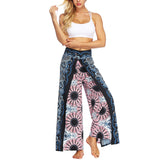 Women's Bohemia Yoga Pants Baggy Loose Split Wide Leg Long Trousers Flower Decor