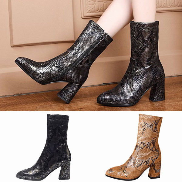 Lady Serpentine Chunky Mid Calf Boots Side Zip Casual High Top Pointed Toe Shoes