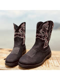 Women's Western Boots Cowboy Mid-Calf Round Toe Leather Shoes Black US Size 10