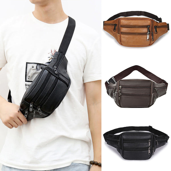 Unisex Cowhide Leather Fanny Pack Waist Bag Belt Pouch Travel Purse Multi-Pocket