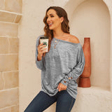 Women's Solid Color One Shoulder Long Sleeve T-shirt Buttons Casual Tops Loose