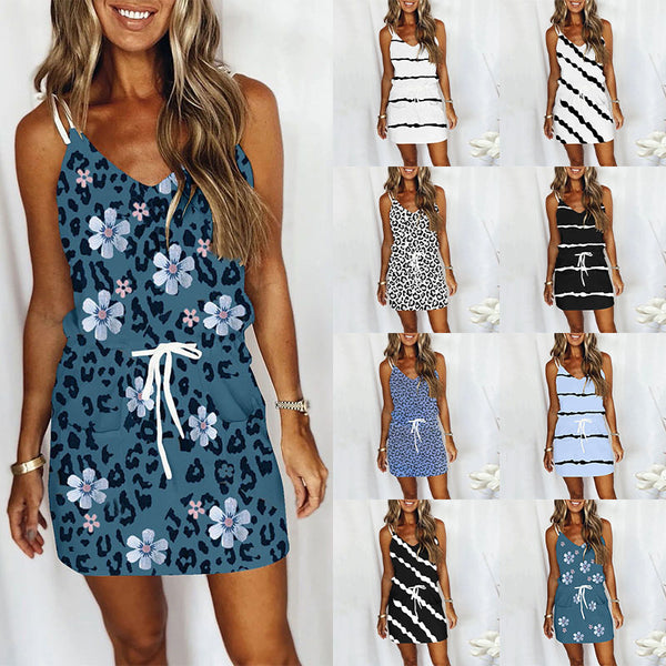 Women Drawstring Sleeveless V Neck Stripe Printed Casual Dress Waist Lightweight