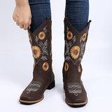 Ladies Sunflower Print Mid Calf Boots Slip On Daily Wear Chunky Heel Tall Boot