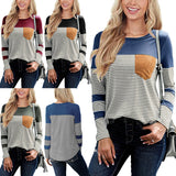 Women Long Sleeve Crew Neck Striped Print T-Shirt with Pocket