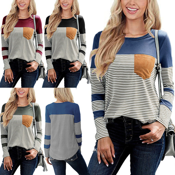 Women Long Sleeve Crew Neck Striped Print T-Shirt with Pocket