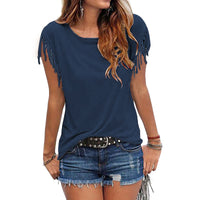 Plus Size Women Summer Short Sleeve Tassel Casual Tops Blouses Solid T-Shirt Bodycon Scoop Neck Shirt
