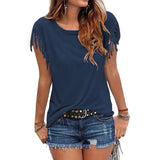 Plus Size Women Summer Short Sleeve Tassel Casual Tops Blouses Solid T-Shirt Bodycon Scoop Neck Shirt