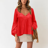 Women's Solid Color Puff Sleeve Tops Loose Casual T-Shirt Blouse Pullover Tunic