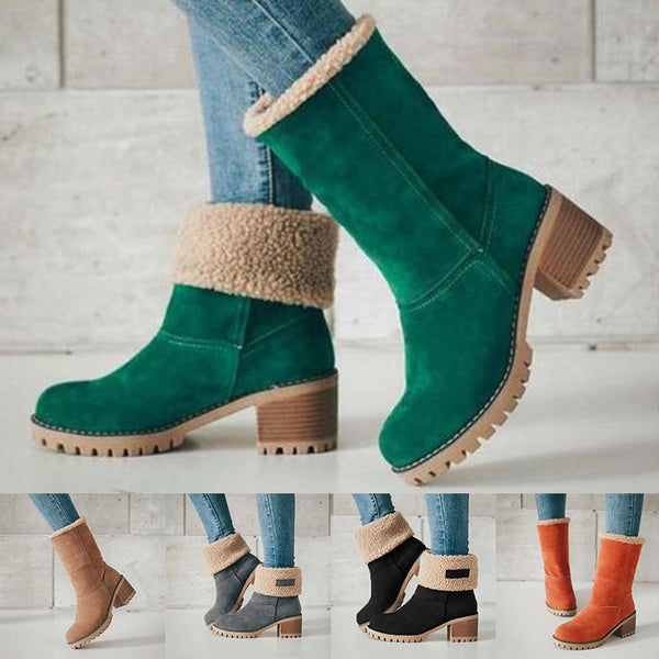 Winter Snow Boots for Women Warm Suede Chunky Block Heel Round Toe Faux Fur Outdoor Mid-Calf Ankle Bootie