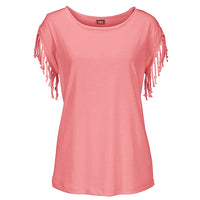 Plus Size Women Summer Short Sleeve Tassel Casual Tops Blouses Solid T-Shirt Bodycon Scoop Neck Shirt