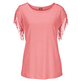 Plus Size Women Summer Short Sleeve Tassel Casual Tops Blouses Solid T-Shirt Bodycon Scoop Neck Shirt