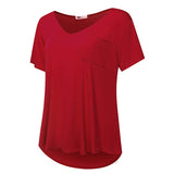 Women Casual Oversized V Neck Short Sleeves Tops T-Shirt Blouses Pullover Pocket