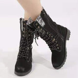 Womens Mid Calf Combat Boots Round Toe Lace up Low Heel Casual Motorcycle Shoes