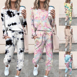 Womens Tie-Dye Pajamas Set Loungewear Homewear Long Sleeve Tops + Pants Trousers