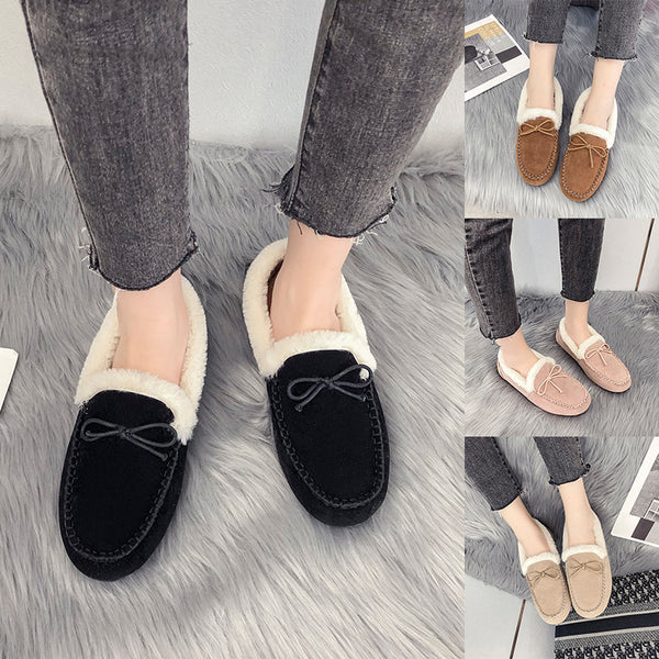 Bowknot Loafers for Women Winter Warm Moccasins Slippers Faux Fur Lined Casual Flat Shoes Indoor & Outdoor