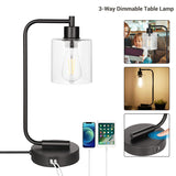 Touch Control Industrial Table Lamps Bedside Nightstand Lamps with Glass Shade, 3-Way Dimmable Reading Lamps for Bedroom Living Room with 2 USB Ports