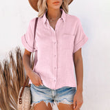 Women Short Sleeve Solid Color T-Shirt Blouse Lapel Buttons Casual Pullover