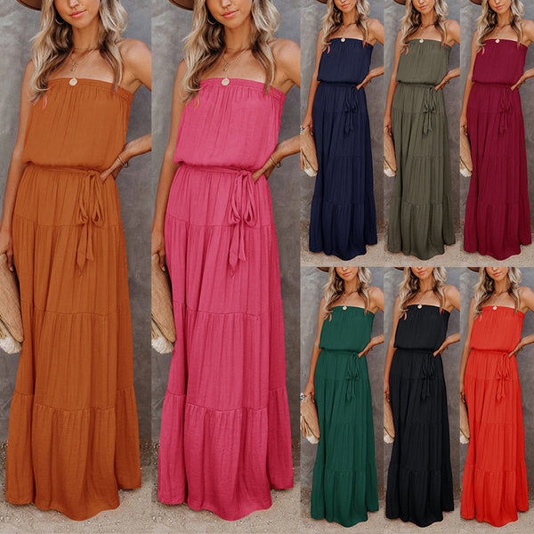 Women's Strapless Maxi Dress Tube Top Bandeau Sleeveless A-Line Dress Sundress